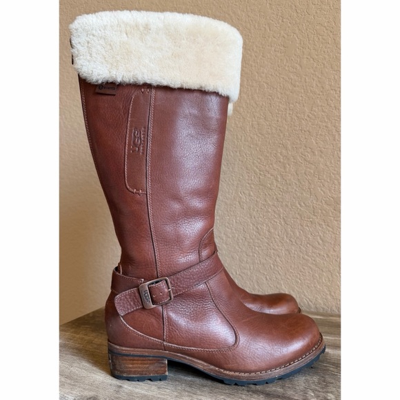 UGG Shoes - UGG Langley Cognac Leather Sheepskin Tall Boots Waterproof Winter Boots